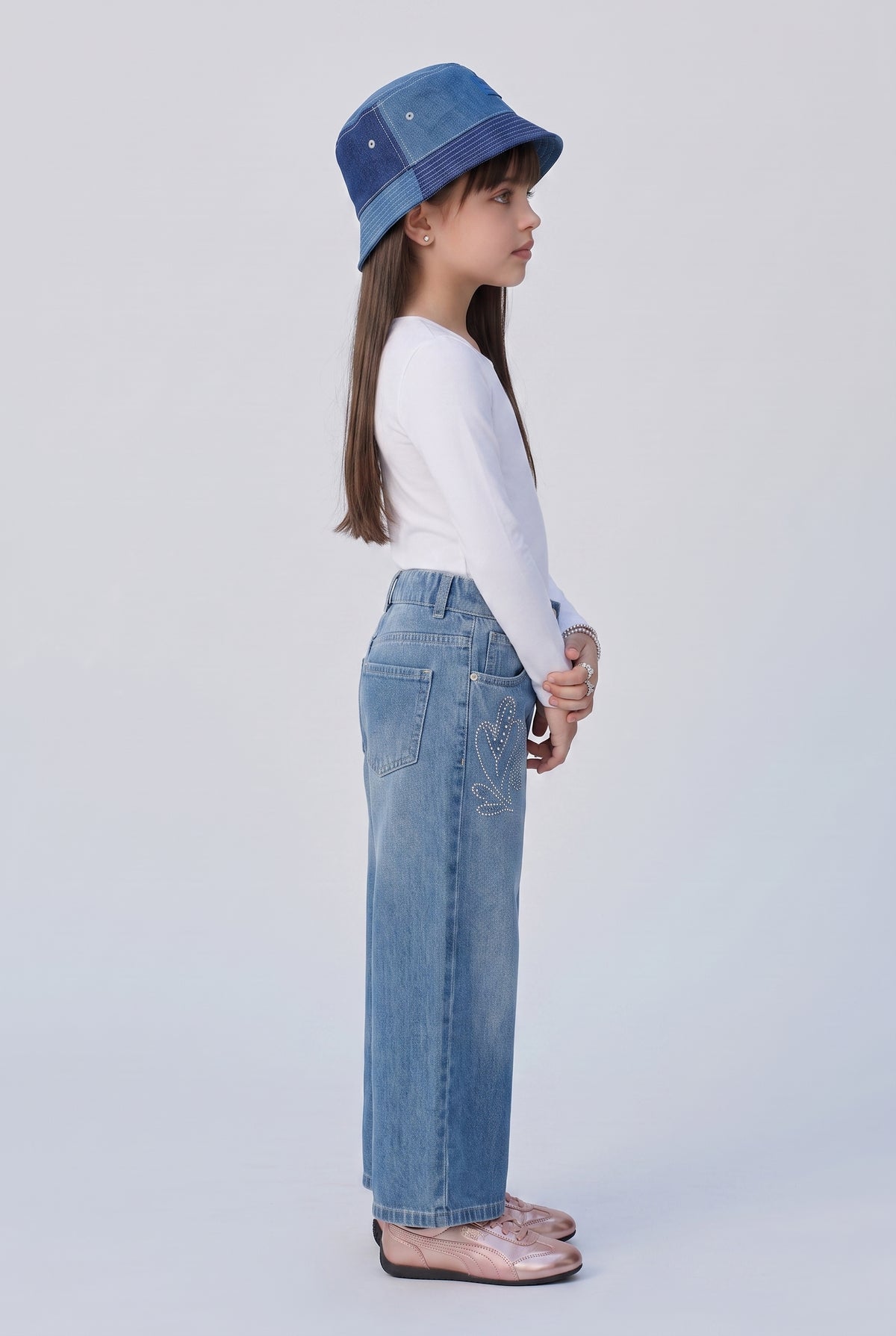 Light Blue Rhinestone Embellished Wide-Leg Jeans P1781