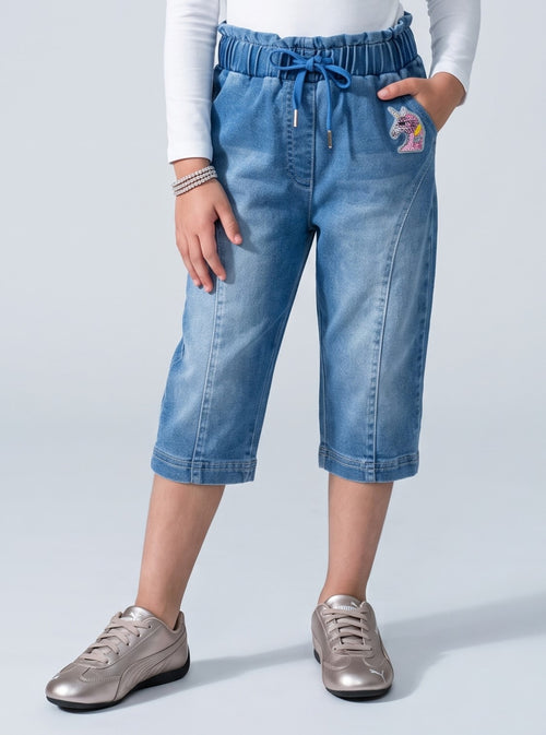 Light Blue Drawstring Denim Capri Pants with Unicorn Patch PD0043