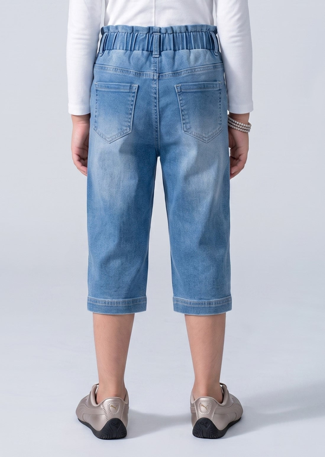 Light Blue Drawstring Denim Capri Pants with Unicorn Patch PD0043