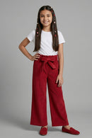 Maroon Ribbed Wide-Leg Pants with Tie-Up Waist PL245