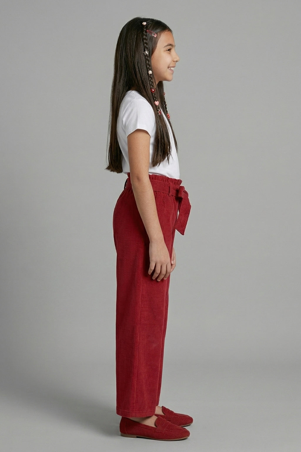 Maroon Ribbed Wide-Leg Pants with Tie-Up Waist PL245
