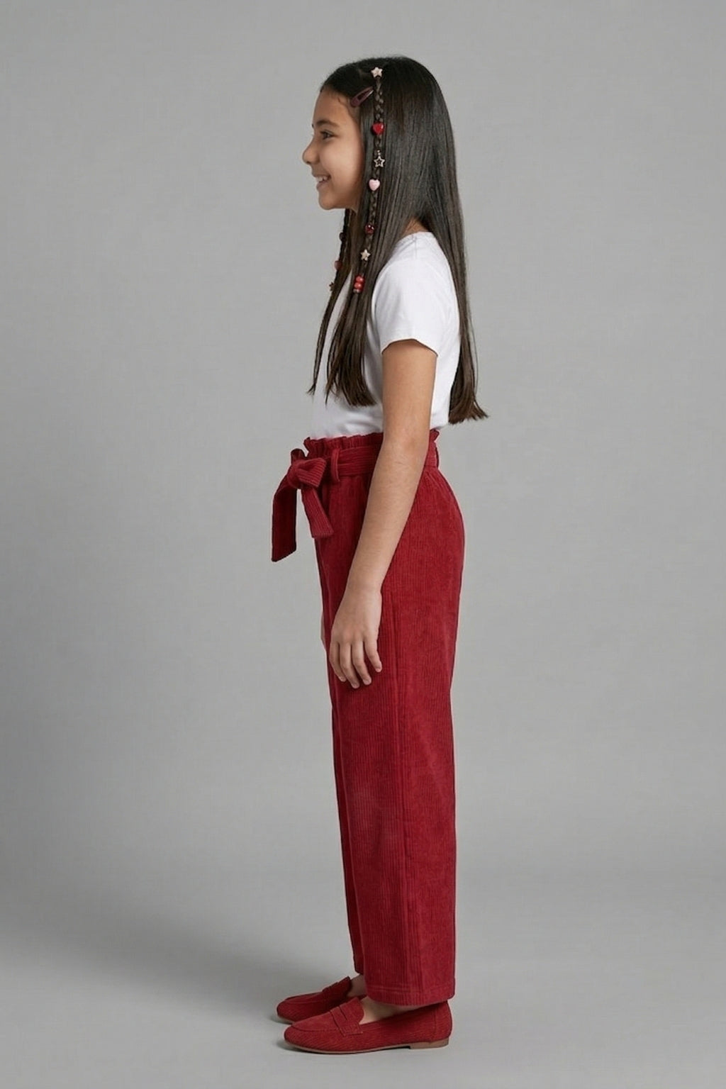 Maroon Ribbed Wide-Leg Pants with Tie-Up Waist PL245