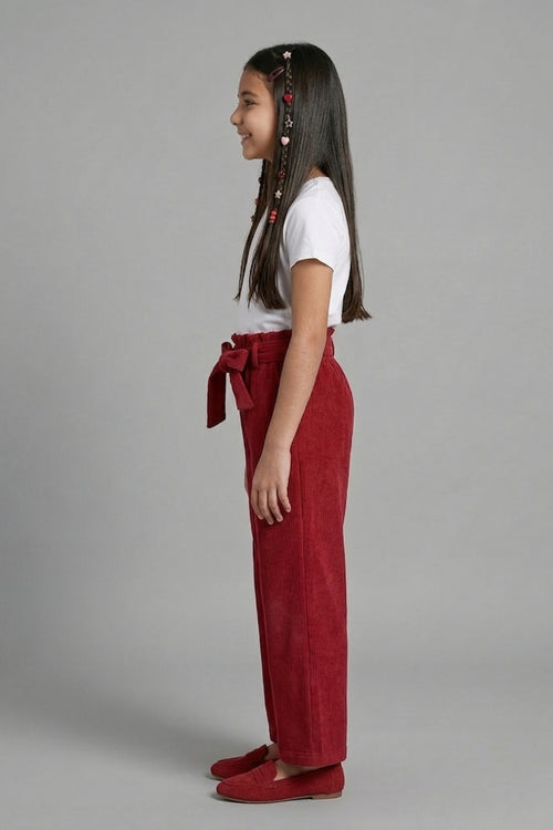 Maroon Ribbed Wide-Leg Pants with Tie-Up Waist PL245