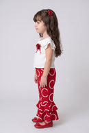 Red Circle Print Ruffle Pants & White Top Set PLS237