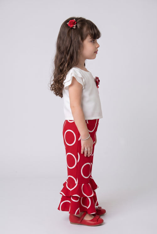 Red Circle Print Ruffle Pants & White Top Set PLS237