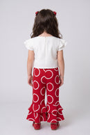 Red Circle Print Ruffle Pants & White Top Set PLS237