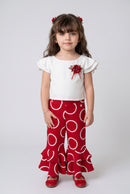 Red Circle Print Ruffle Pants & White Top Set PLS237