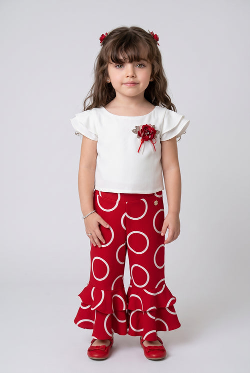 Red Circle Print Ruffle Pants & White Top Set PLS237