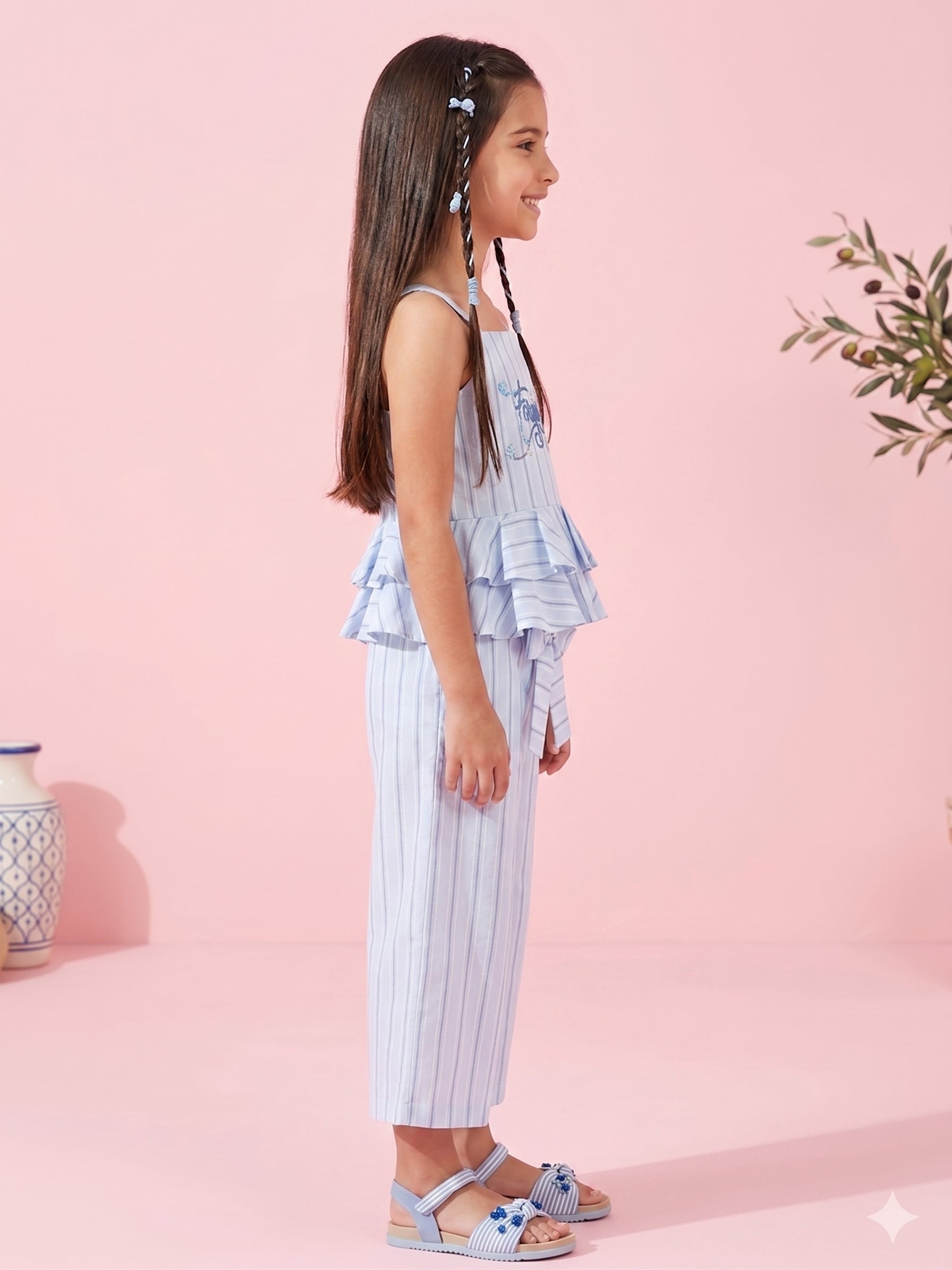 Powder Blue Striped Peplum Co-ord Set Dress PLS262