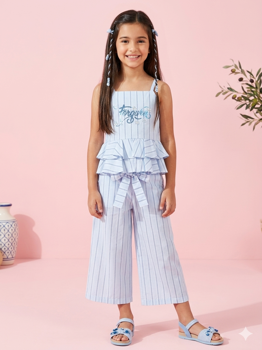 Powder Blue Striped Peplum Co-ord Set Dress PLS262
