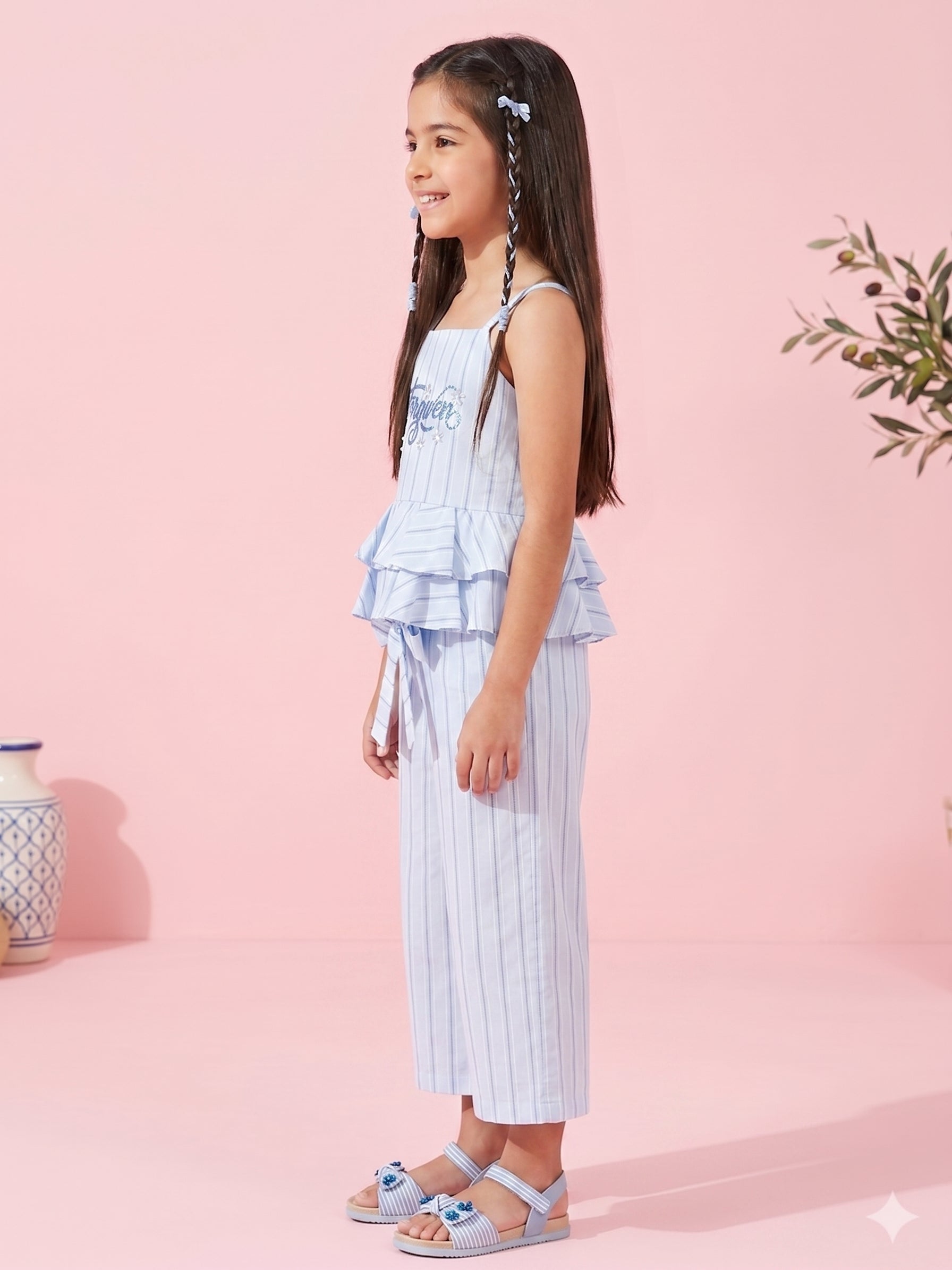 Powder Blue Striped Peplum Co-ord Set Dress PLS262