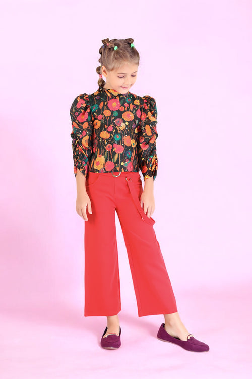 Girls Floral Top with Red Culottes Set