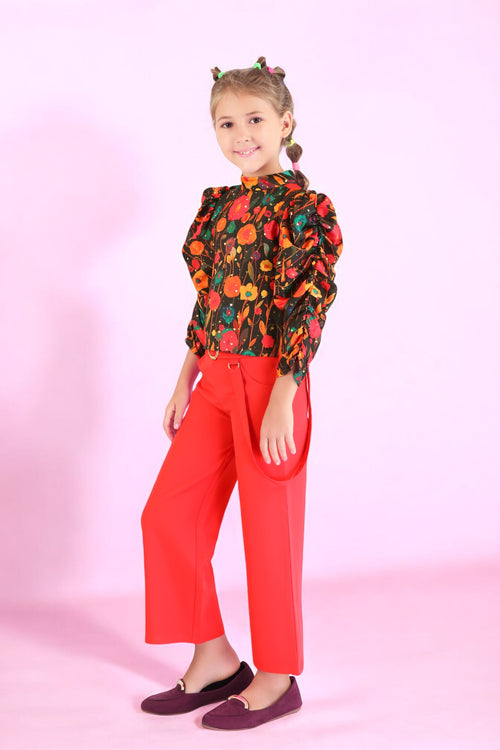 Girls Floral Top with Red Culottes Set