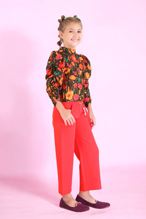 Girls Floral Top with Red Culottes Set