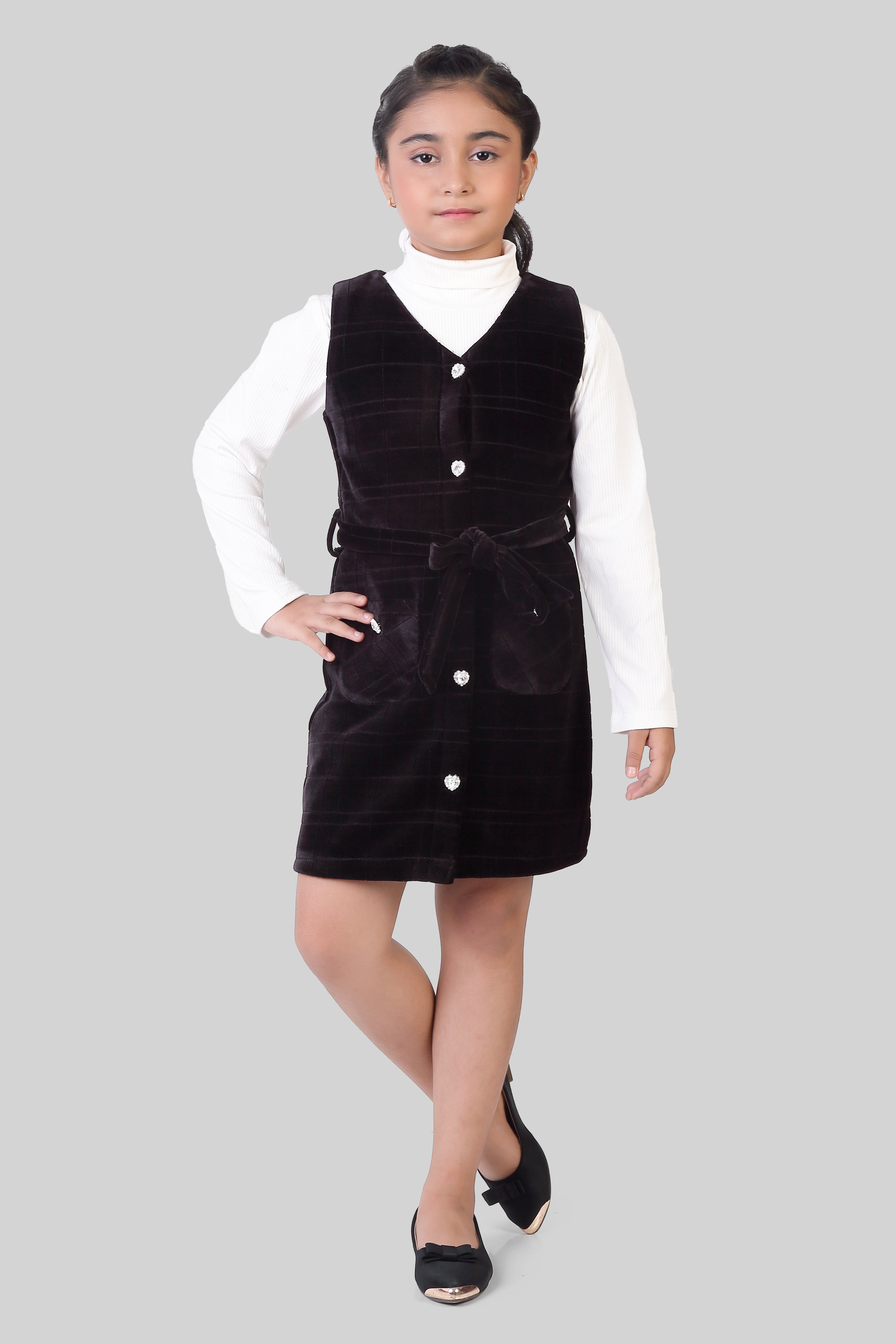 Classic Black Pinafore Dress with White Full Sleeve Top for Girls | Casual Western Wear
