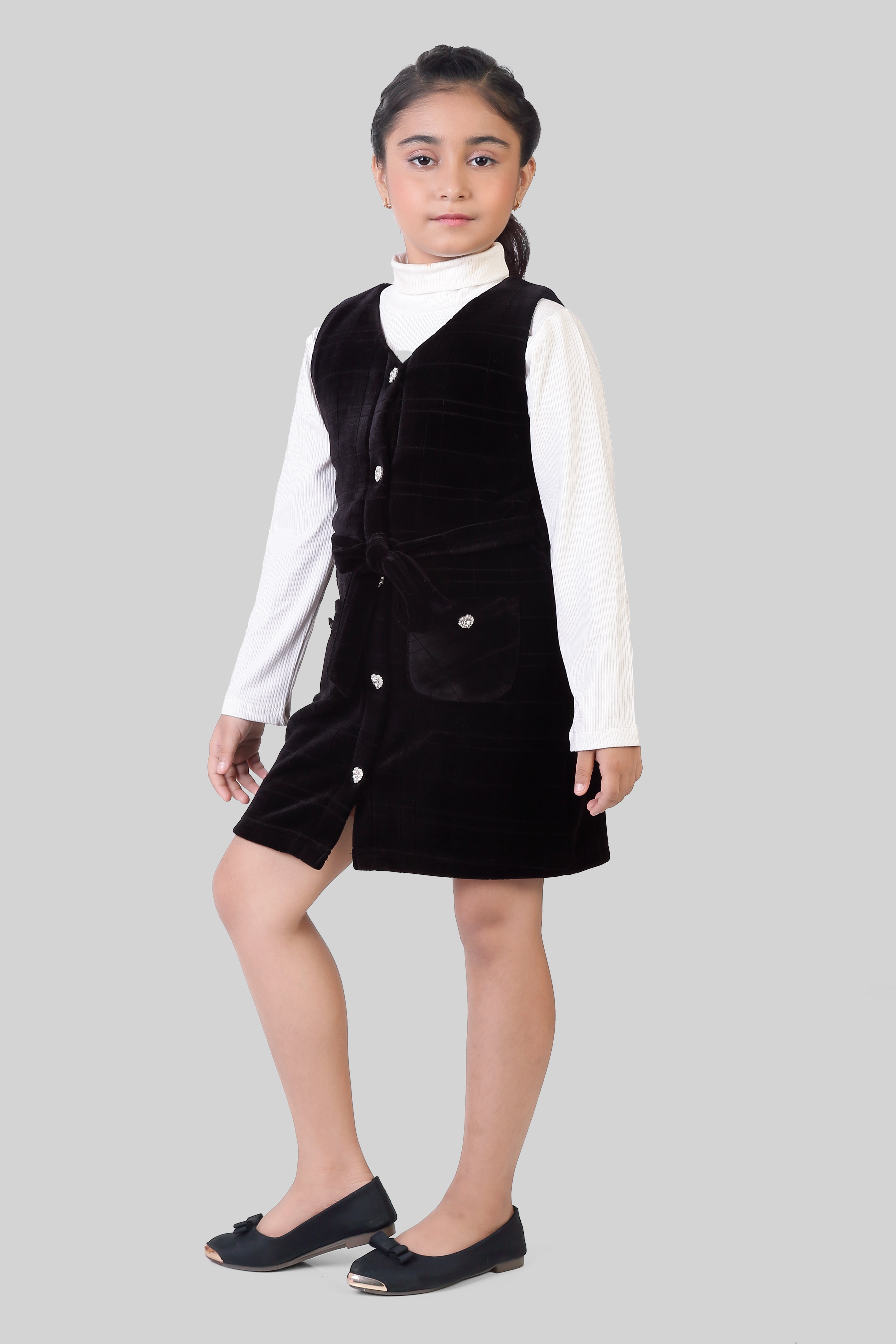 Classic Black Pinafore Dress with White Full Sleeve Top for Girls | Casual Western Wear