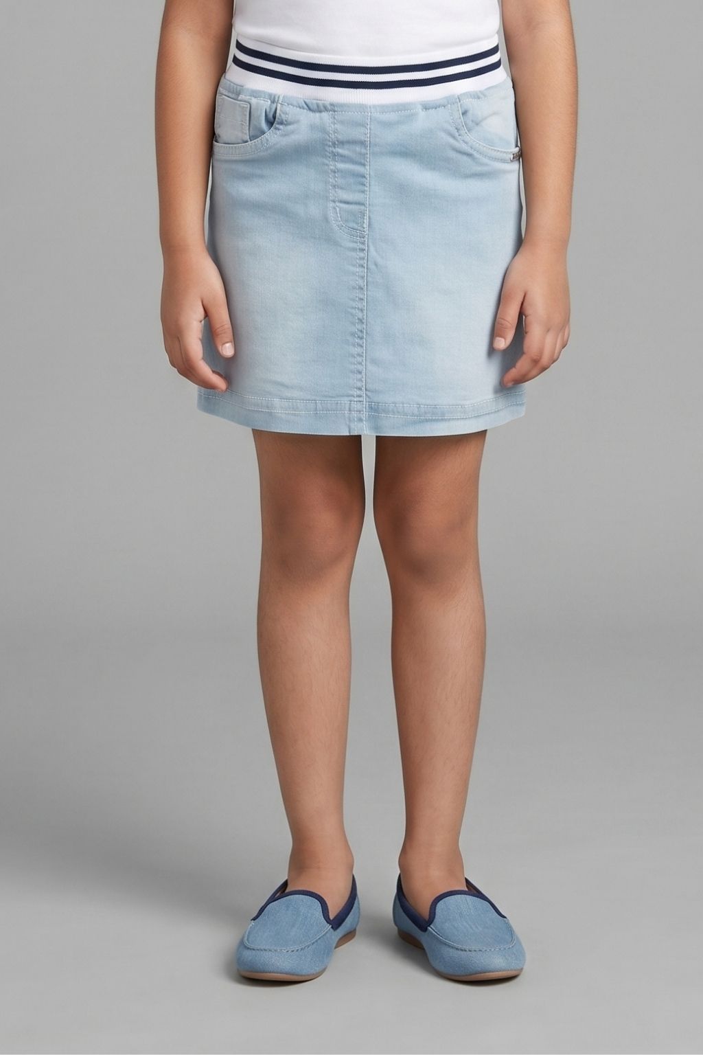 Light Blue Denim Skirt with Striped Waistband S871