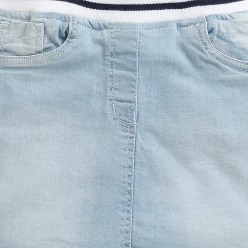 Light Blue Denim Skirt with Striped Waistband S871