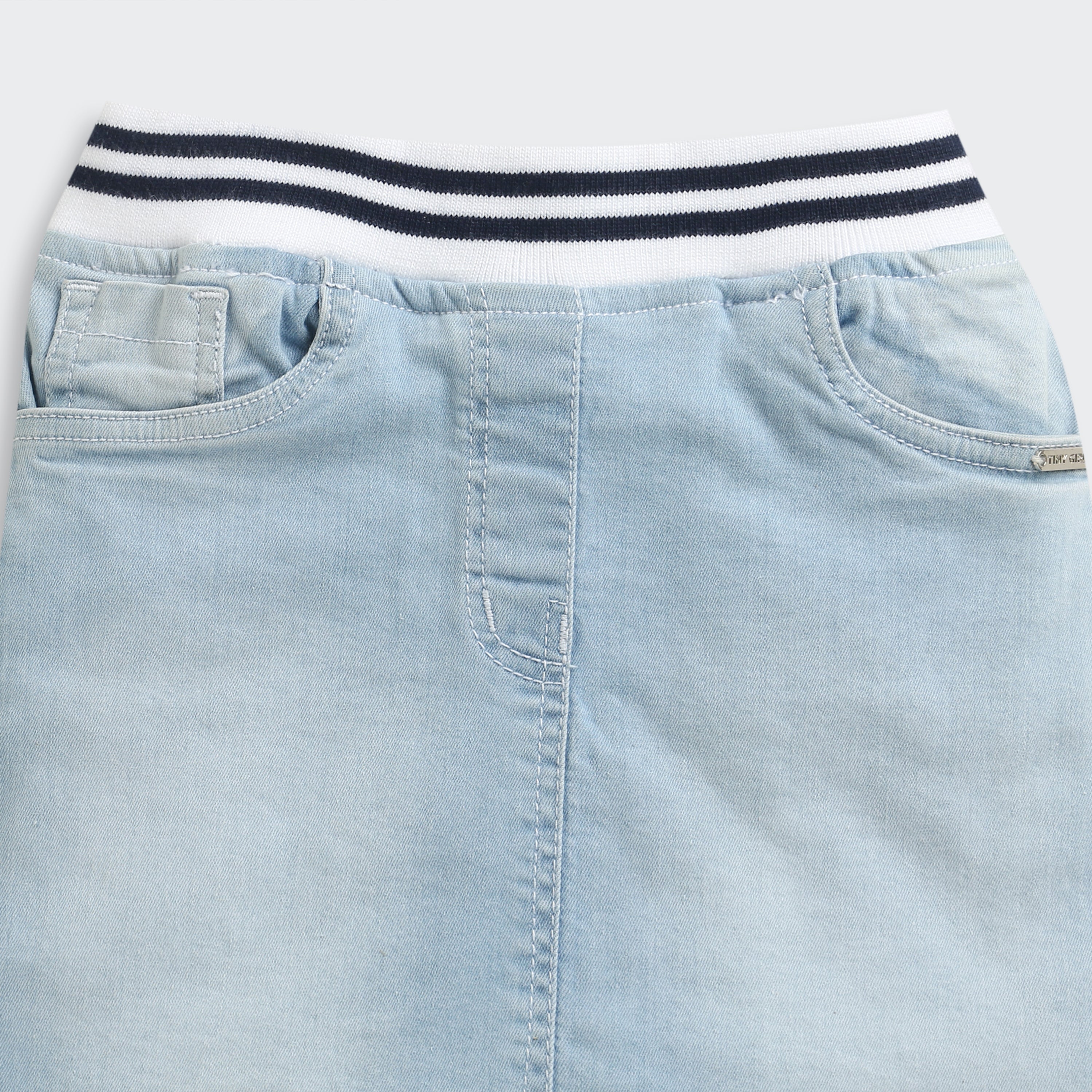 Tiny Girl Light Blue Denim Skirt with Striped Waistband for Girls