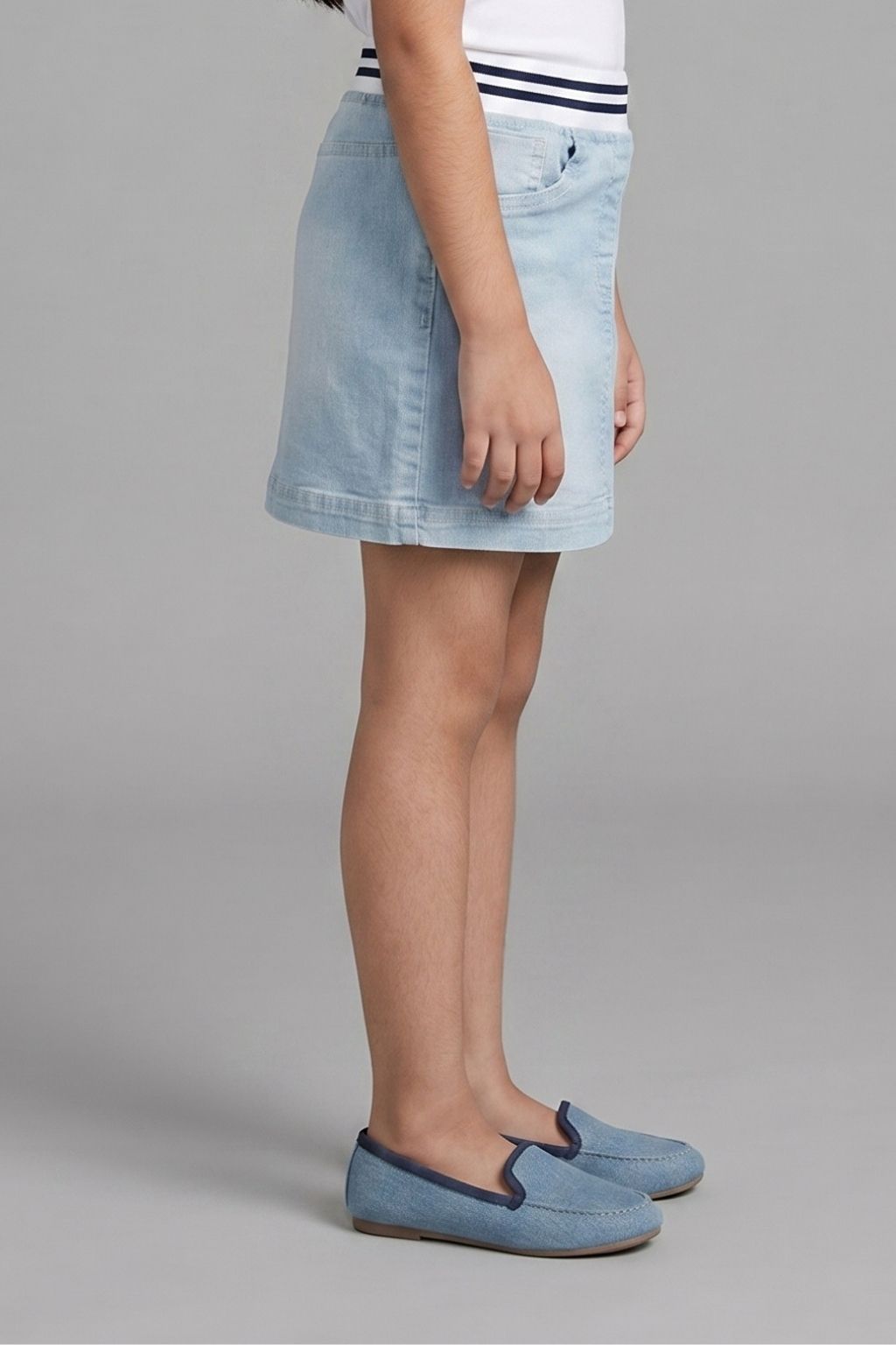 Light Blue Denim Skirt with Striped Waistband S871