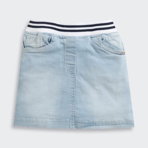 Light Blue Denim Skirt with Striped Waistband S871