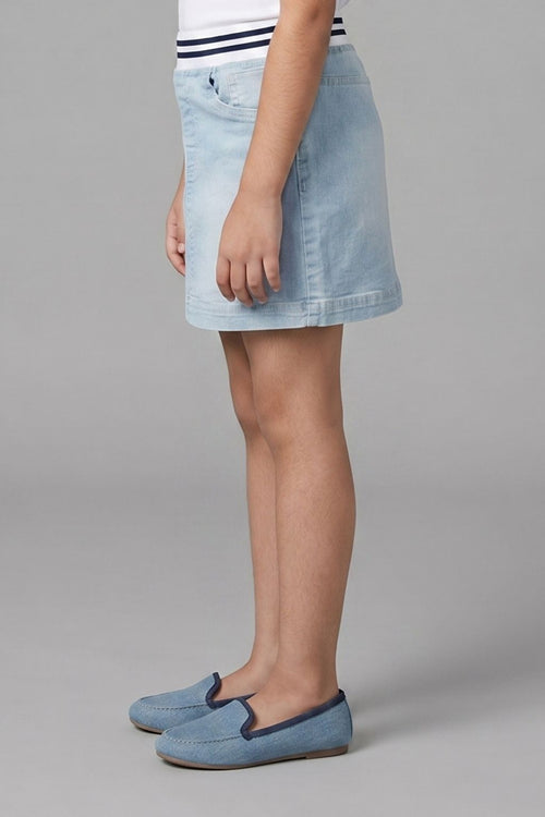 Light Blue Denim Skirt with Striped Waistband S871