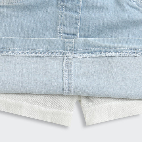 Light Blue Denim Skirt with Striped Waistband S871