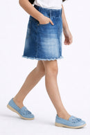 Light Blue Denim Skirt with Frayed Hem S873