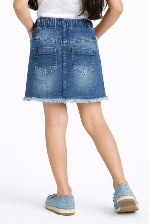 Light Blue Denim Skirt with Frayed Hem S873
