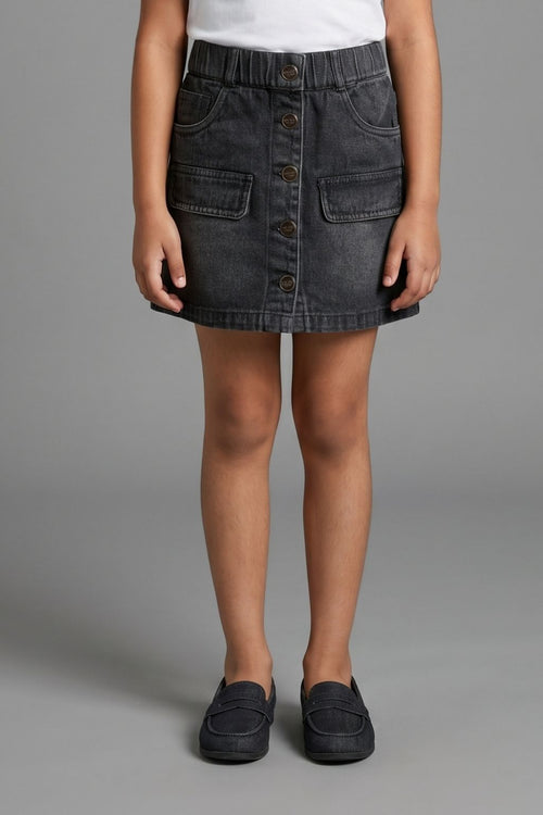 Black Denim Button-Front Skirt for Girls S892