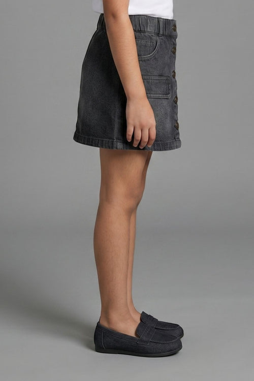Black Denim Button-Front Skirt for Girls S892