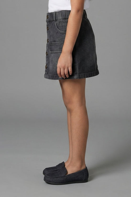 Black Denim Button-Front Skirt for Girls S892