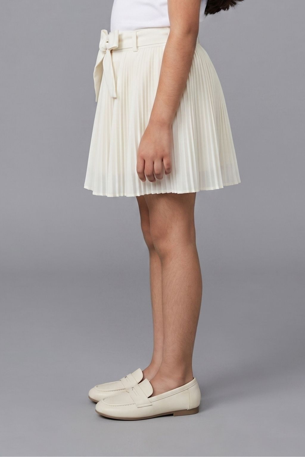 White Pleated Skirt with Bow Tie Waist for Girls S902