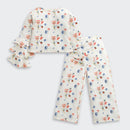 Tiny Girl Floral Co-Ord Set | Cream Printed Ruffle Sleeve Top & Wide-Leg Pants Outfit