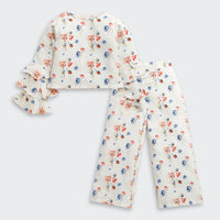Tiny Girl Floral Co-Ord Set | Cream Printed Ruffle Sleeve Top & Wide-Leg Pants Outfit
