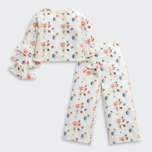 Tiny Girl Floral Co-Ord Set | Cream Printed Ruffle Sleeve Top & Wide-Leg Pants Outfit