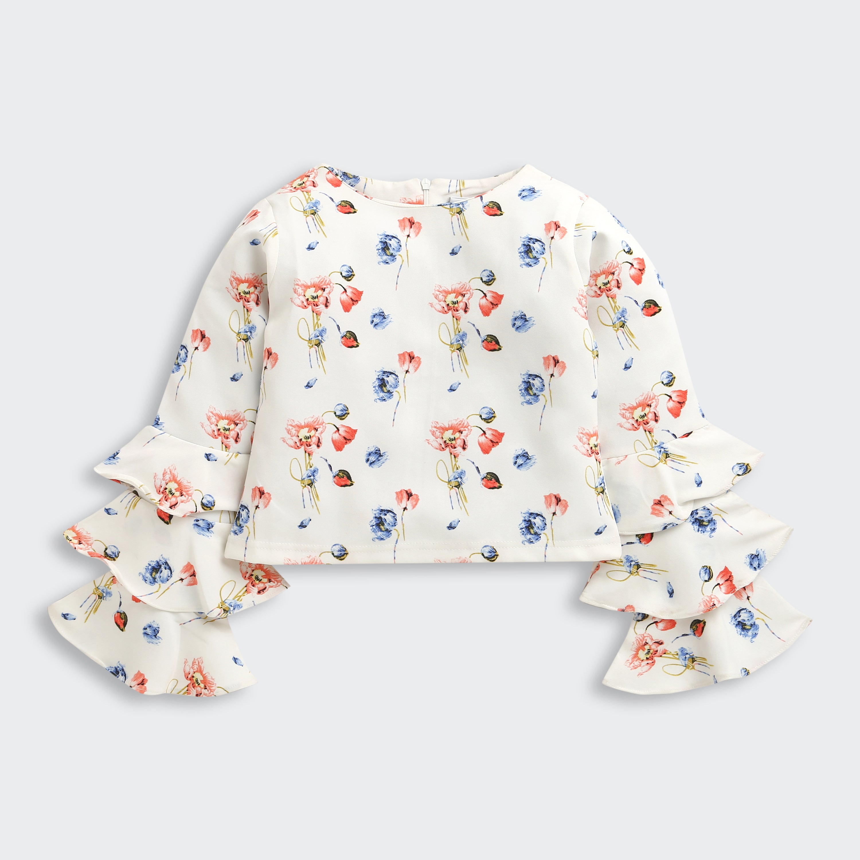 Tiny Girl Floral Co-Ord Set | Cream Printed Ruffle Sleeve Top & Wide-Leg Pants Outfit