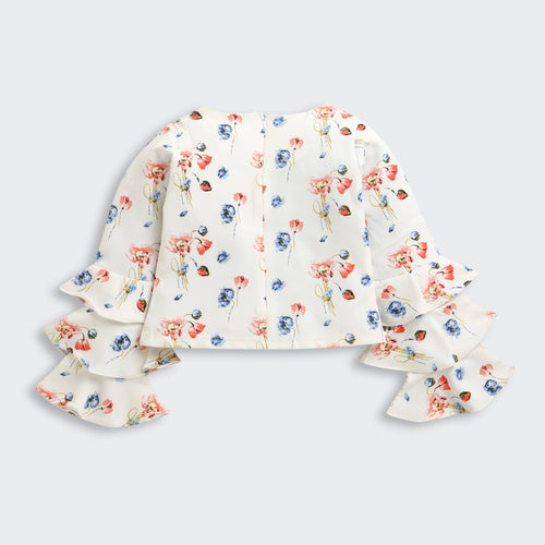 Tiny Girl Floral Co-Ord Set | Cream Printed Ruffle Sleeve Top & Wide-Leg Pants Outfit