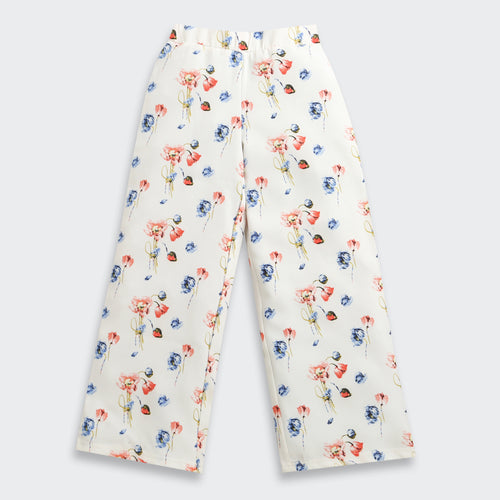 Cream Printed Ruffle Sleeve Top & Wide-Leg Pants SET1025
