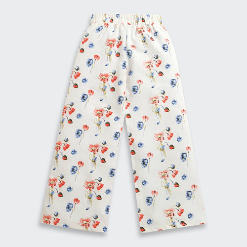 Cream Printed Ruffle Sleeve Top & Wide-Leg Pants SET1025