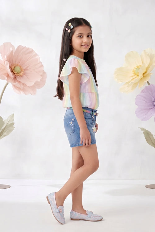 Pastel Stripe Top with Denim Shorts Co-Ord Set 1089