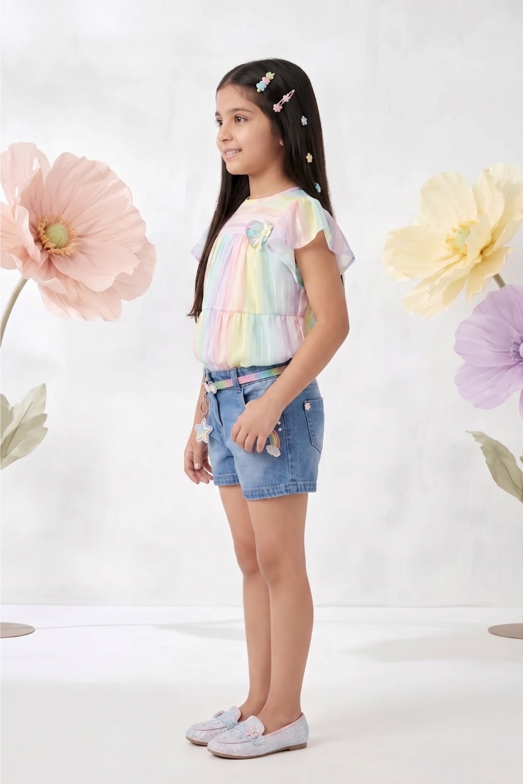 Pastel Stripe Top with Denim Shorts Co-Ord Set 1089