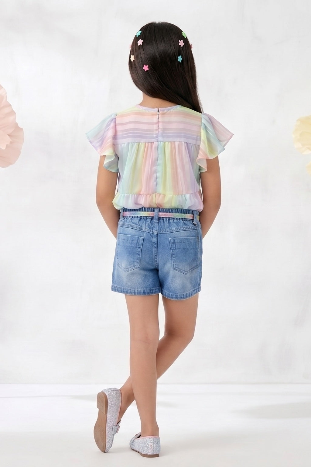 Pastel Stripe Top with Denim Shorts Co-Ord Set 1089