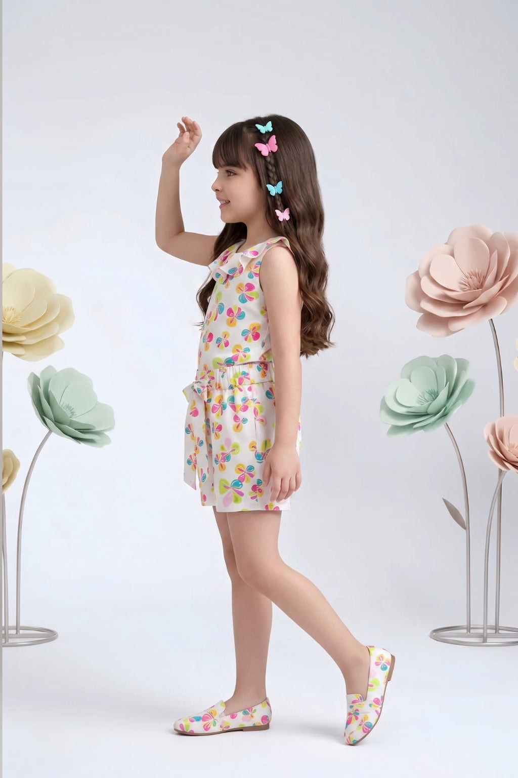 Multicolor Butterfly Print Top & Shorts Co-ord Set 2014