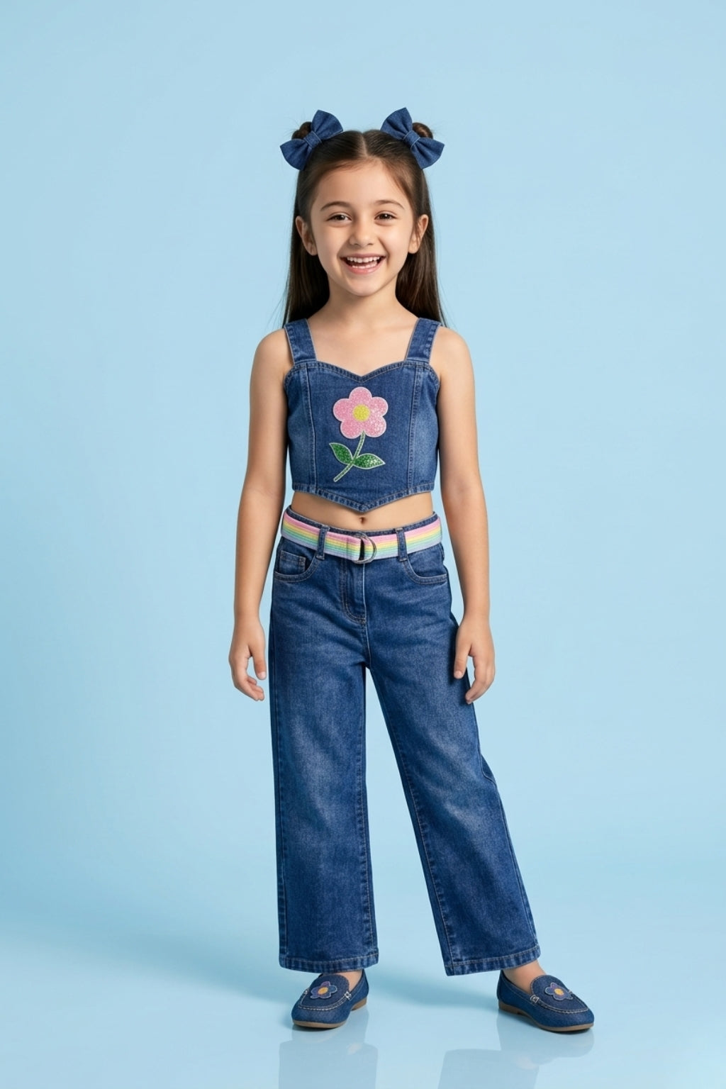 Girls Denim Flower Applique Crop Top & Wide-Leg Jeans Set 2030