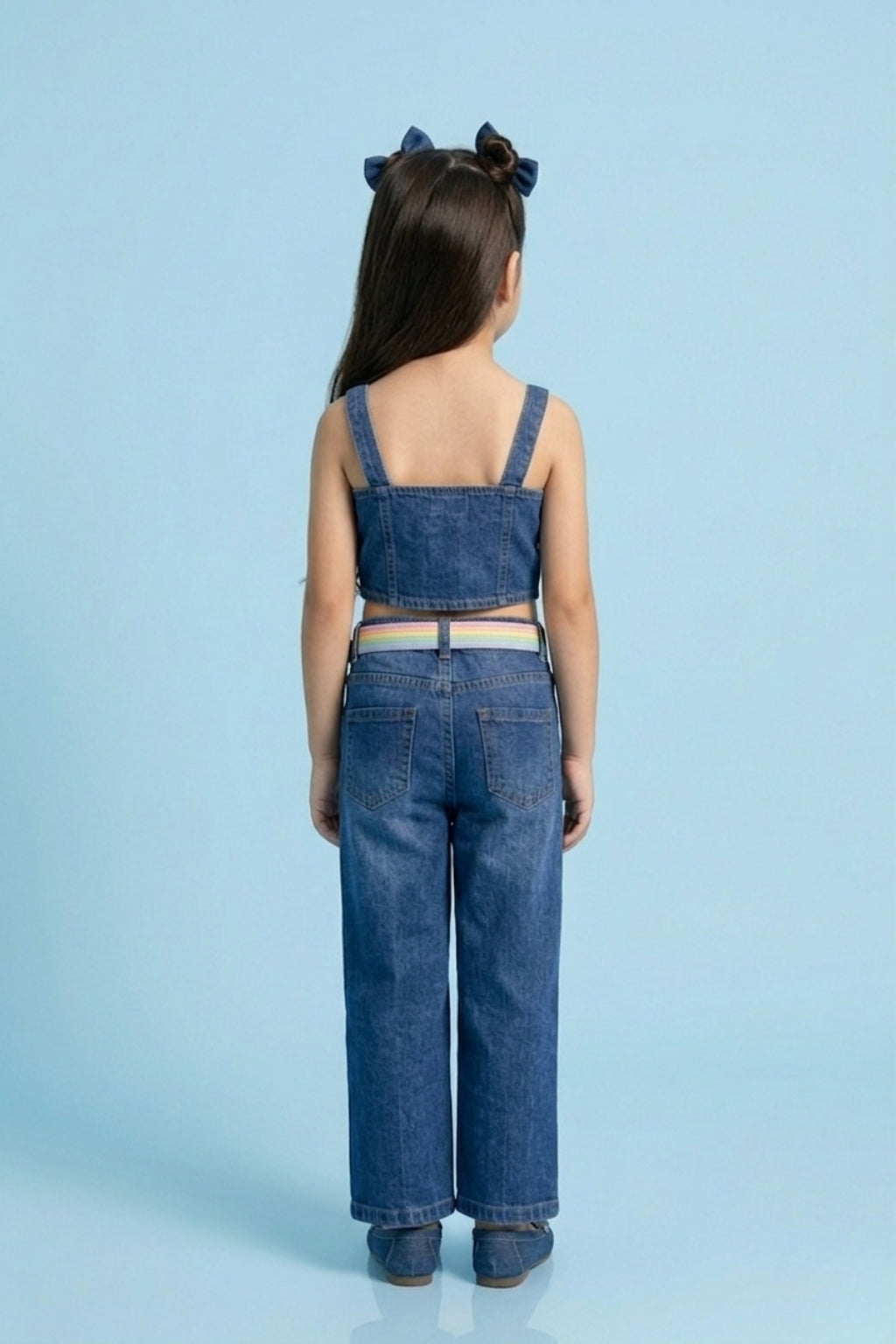 Girls Denim Flower Applique Crop Top & Wide-Leg Jeans Set 2030