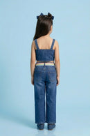 Girls Denim Flower Applique Crop Top & Wide-Leg Jeans Set 2030