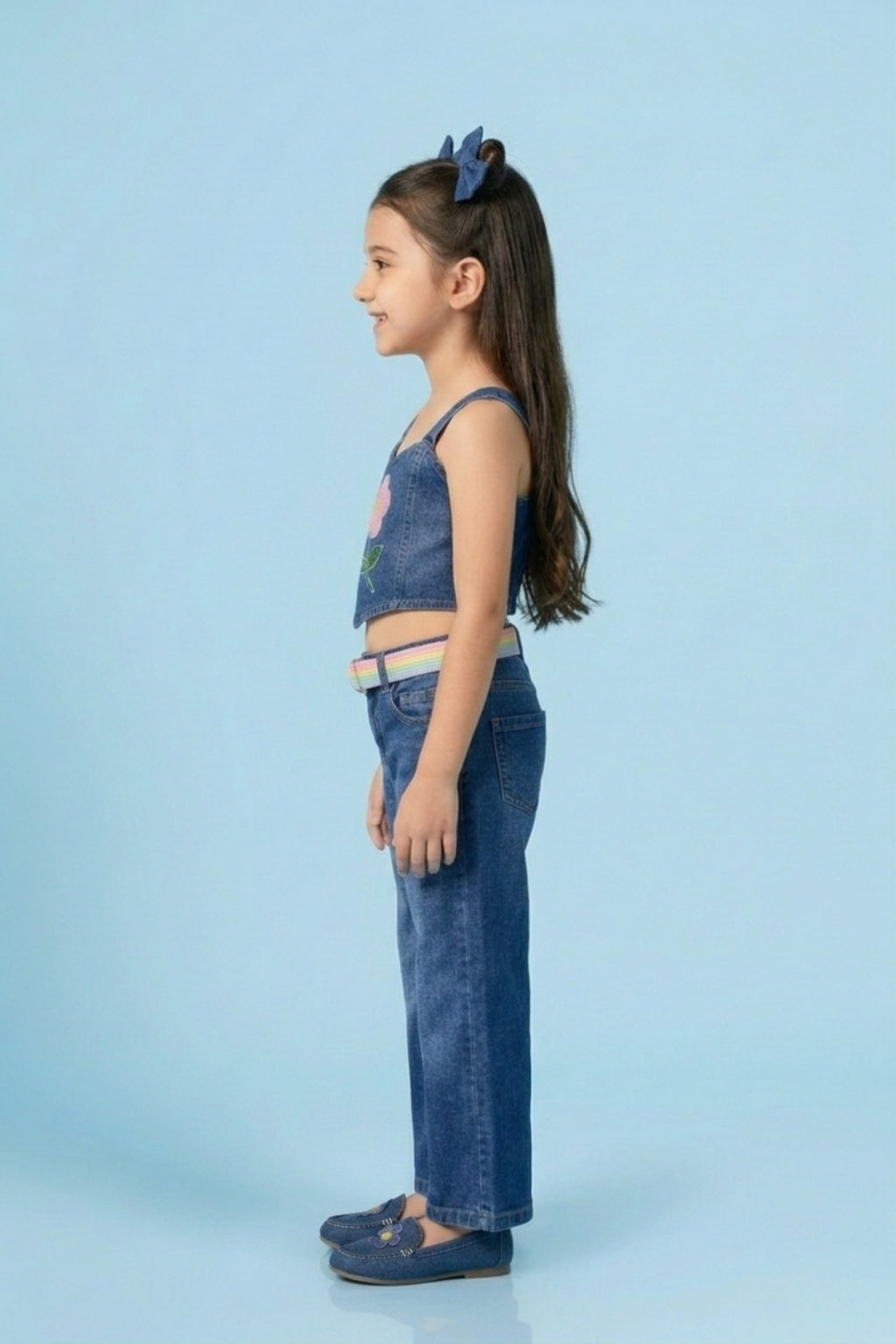 Girls Denim Flower Applique Crop Top & Wide-Leg Jeans Set 2030