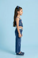 Girls Denim Flower Applique Crop Top & Wide-Leg Jeans Set 2030