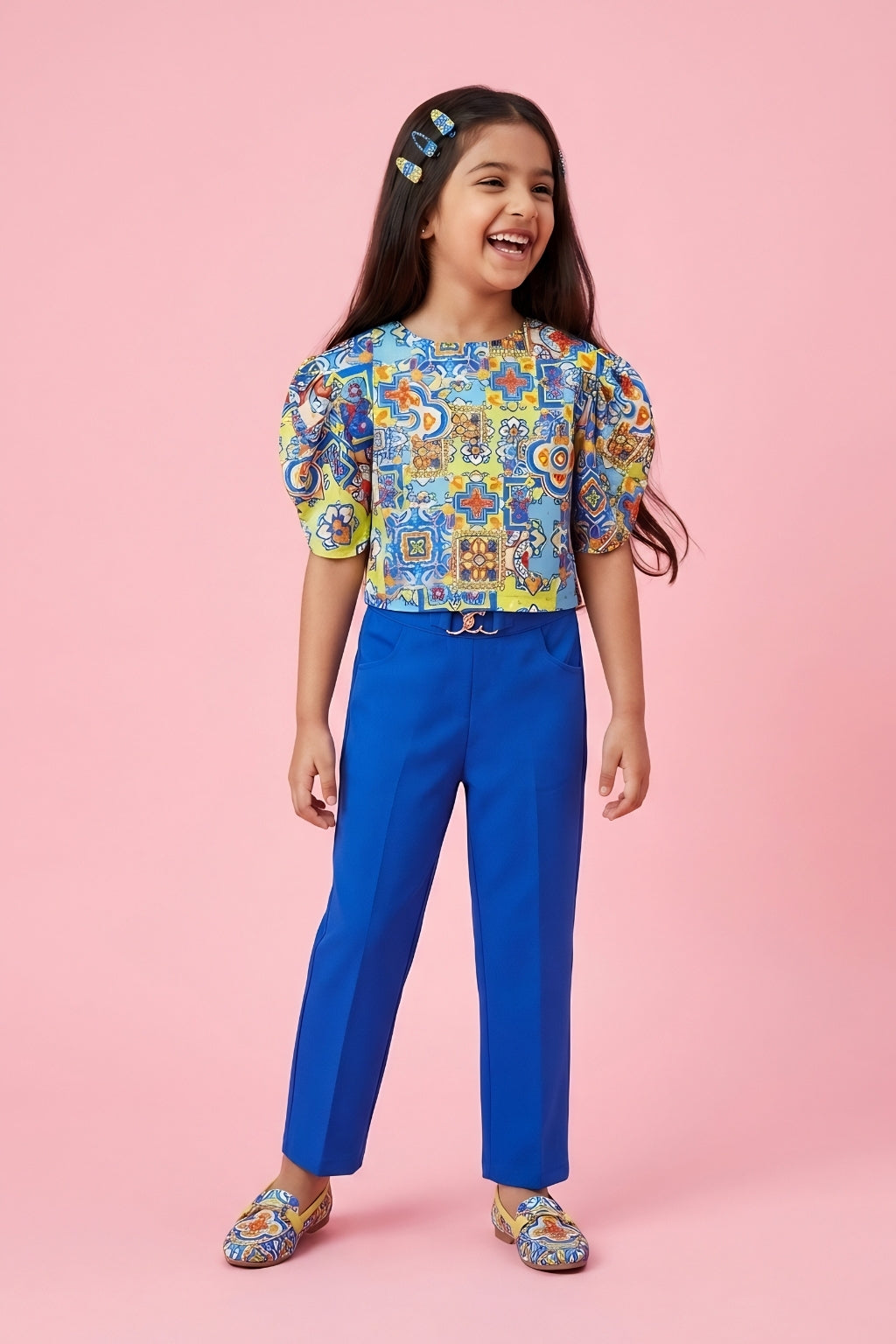 Girls Floral Puff Sleeve Top & Blue Pants SET2068